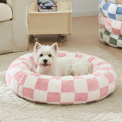 Cama Ohocut para mascotas, diseño a cuadros redonda, comodidad diaria.