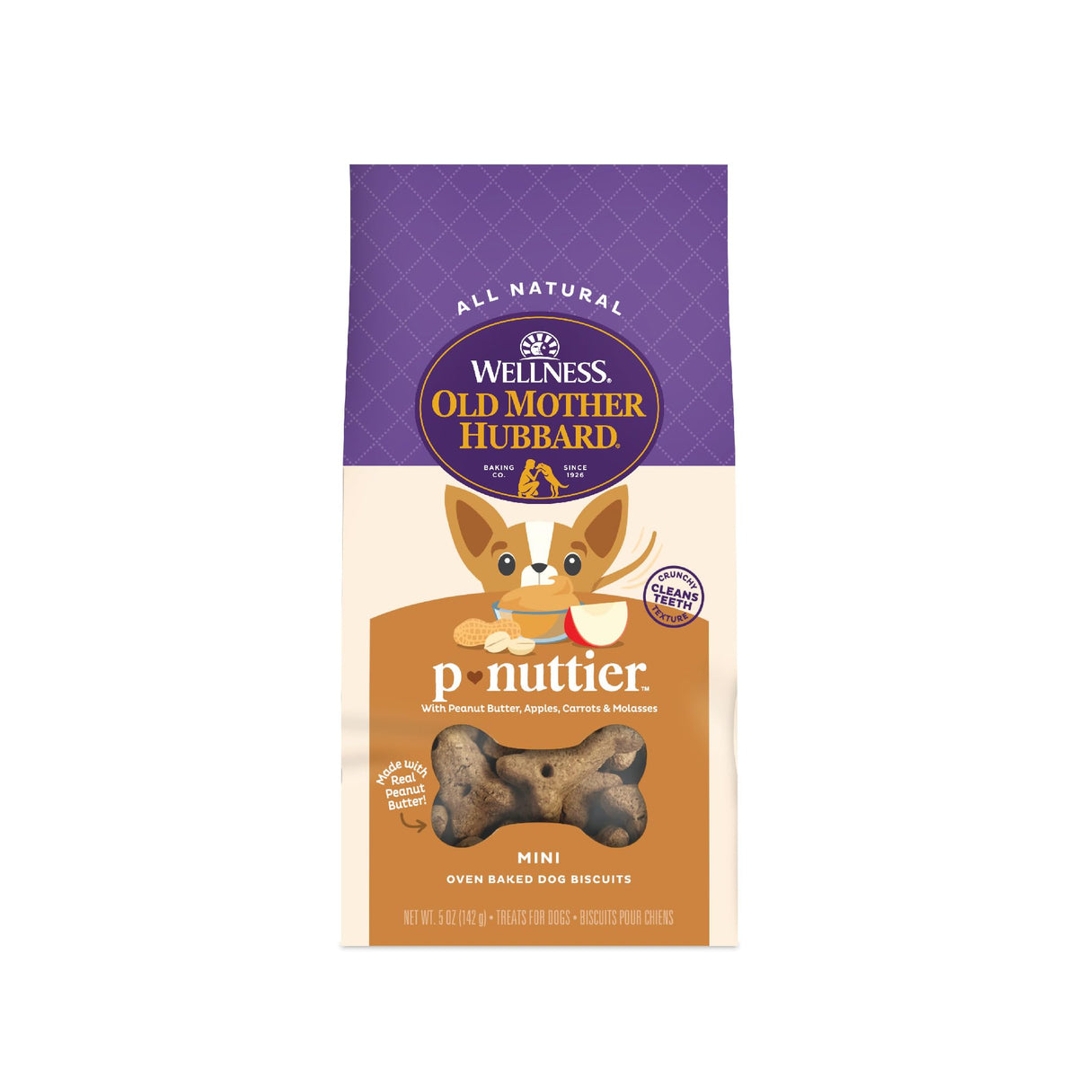 Galletas Old Mother Hubbard P-Nuttier mini crujientes en bolsa de 5oz para entrenamiento.