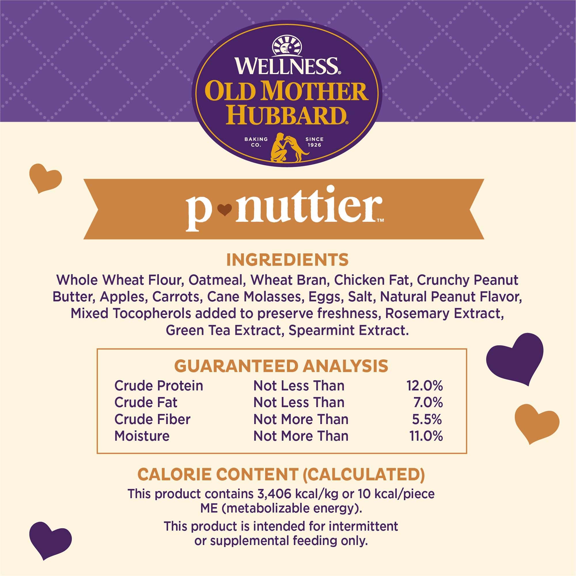 Old Mother Hubbard Wellness P-Nuttier, mezcla de manzana y zanahoria con melaza, snack sabroso.