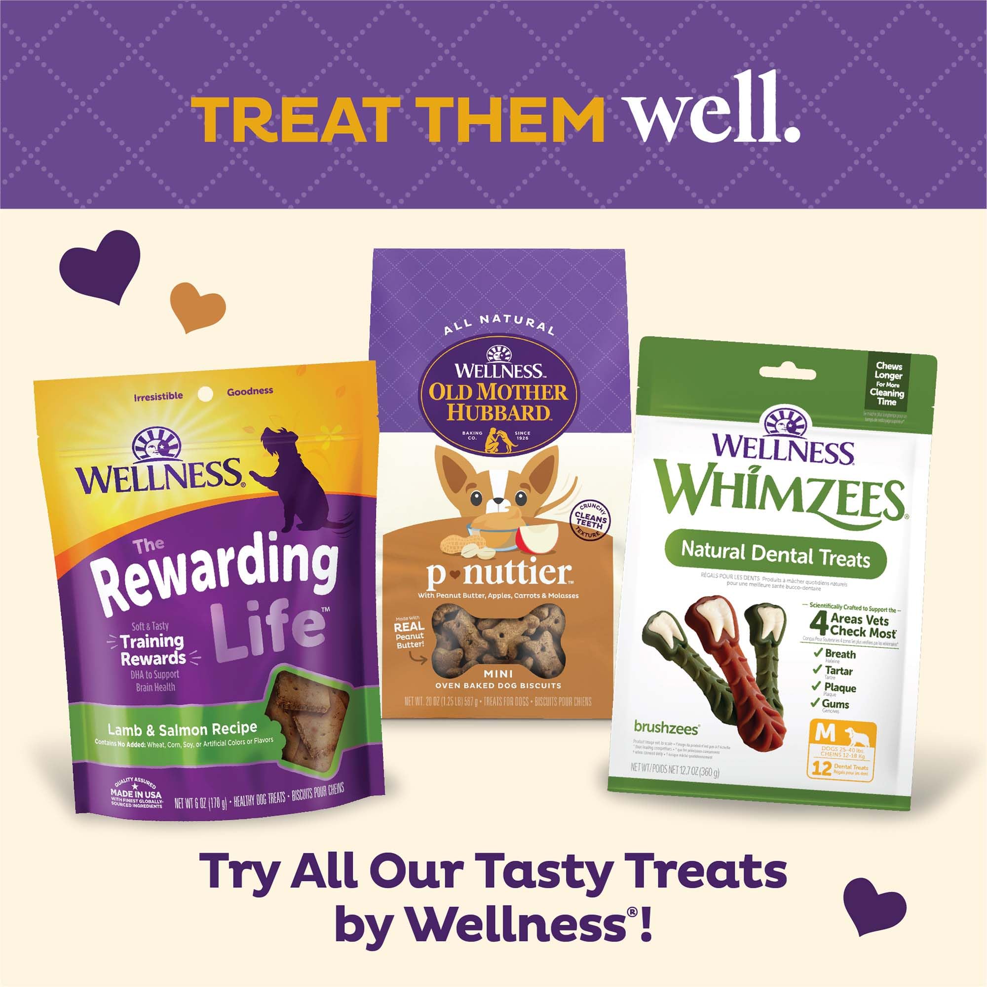 Old Mother Hubbard Wellness P-Nuttier, variedad de tamaños y opciones para snacks y entrenamiento.
