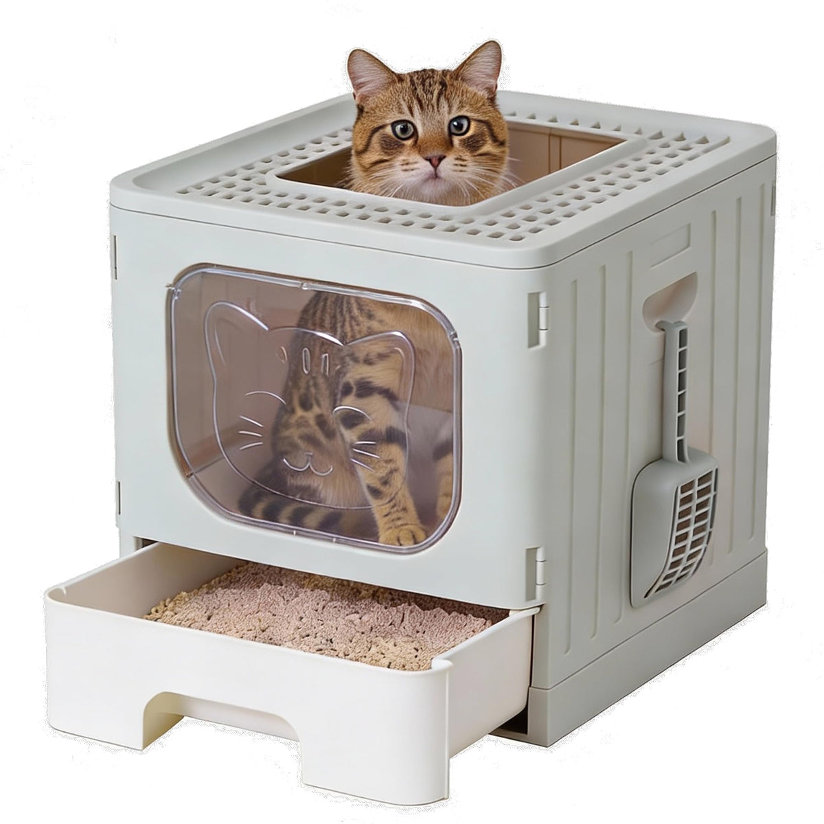 OLIXIS caja de arena con entrada frontal y salida superior para mayor comodidad del gato.