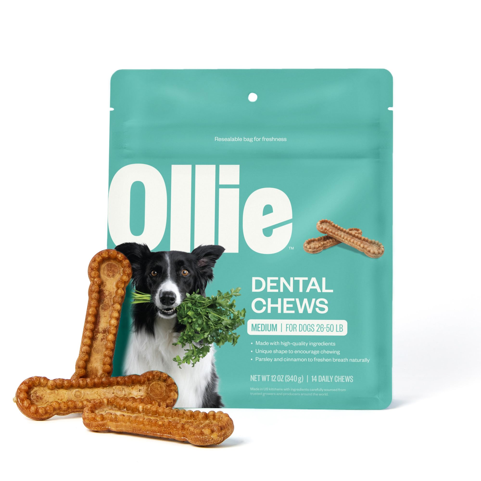 Emballage Ollie, bâtonnets dentaires pour chien, pratique et attrayant.