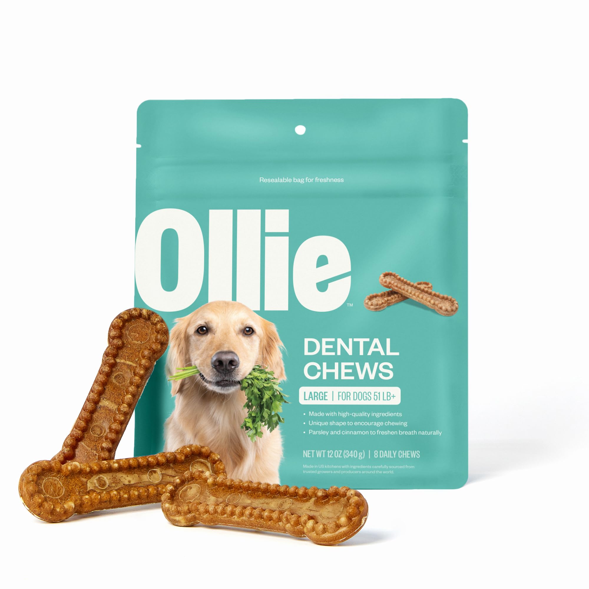 Ollie Huesos dentales para perros grandes, frente del envase, aliento fresco potencial.