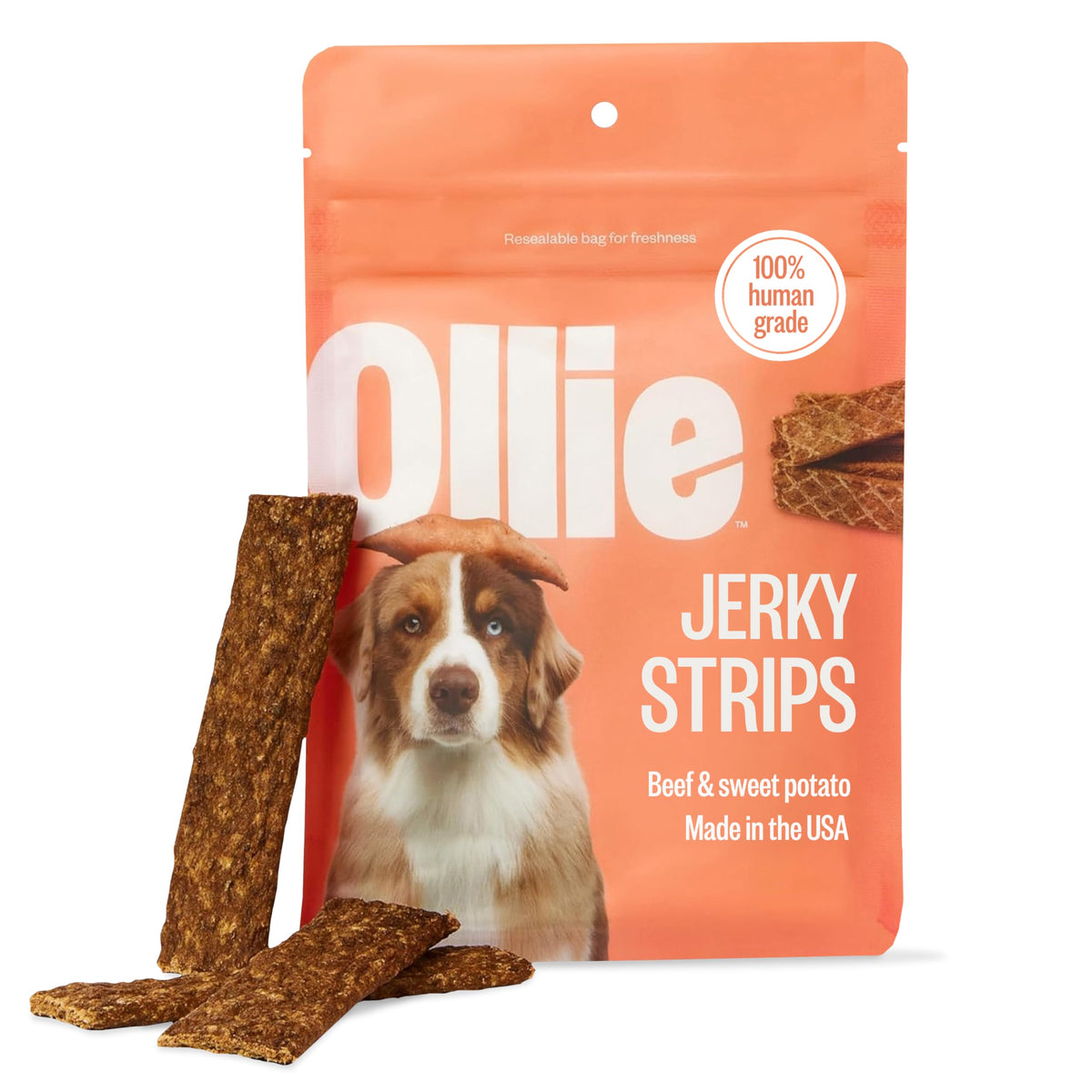 Ollie Jerky de Res con Patata Dulce, envase de 15 oz para snack diario.