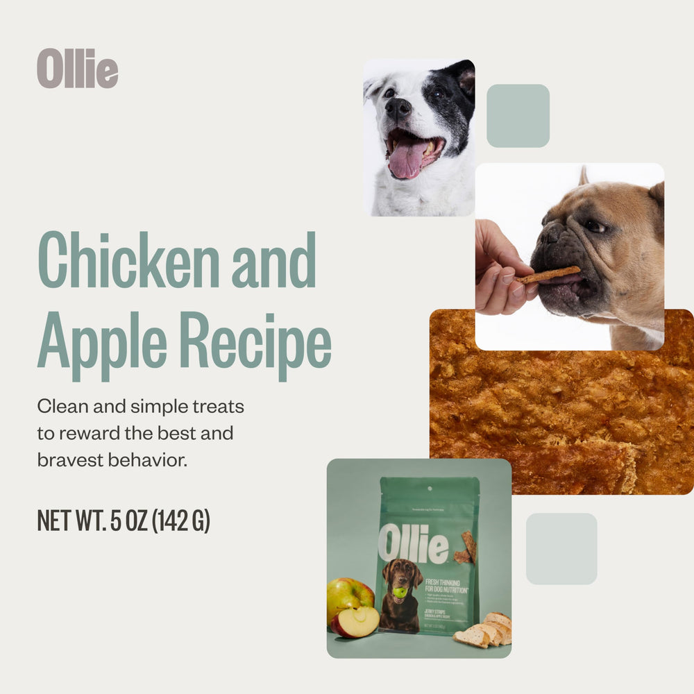 Gros plan Ollie jerky poulet-pomme, ingrédients simples et prononçables.