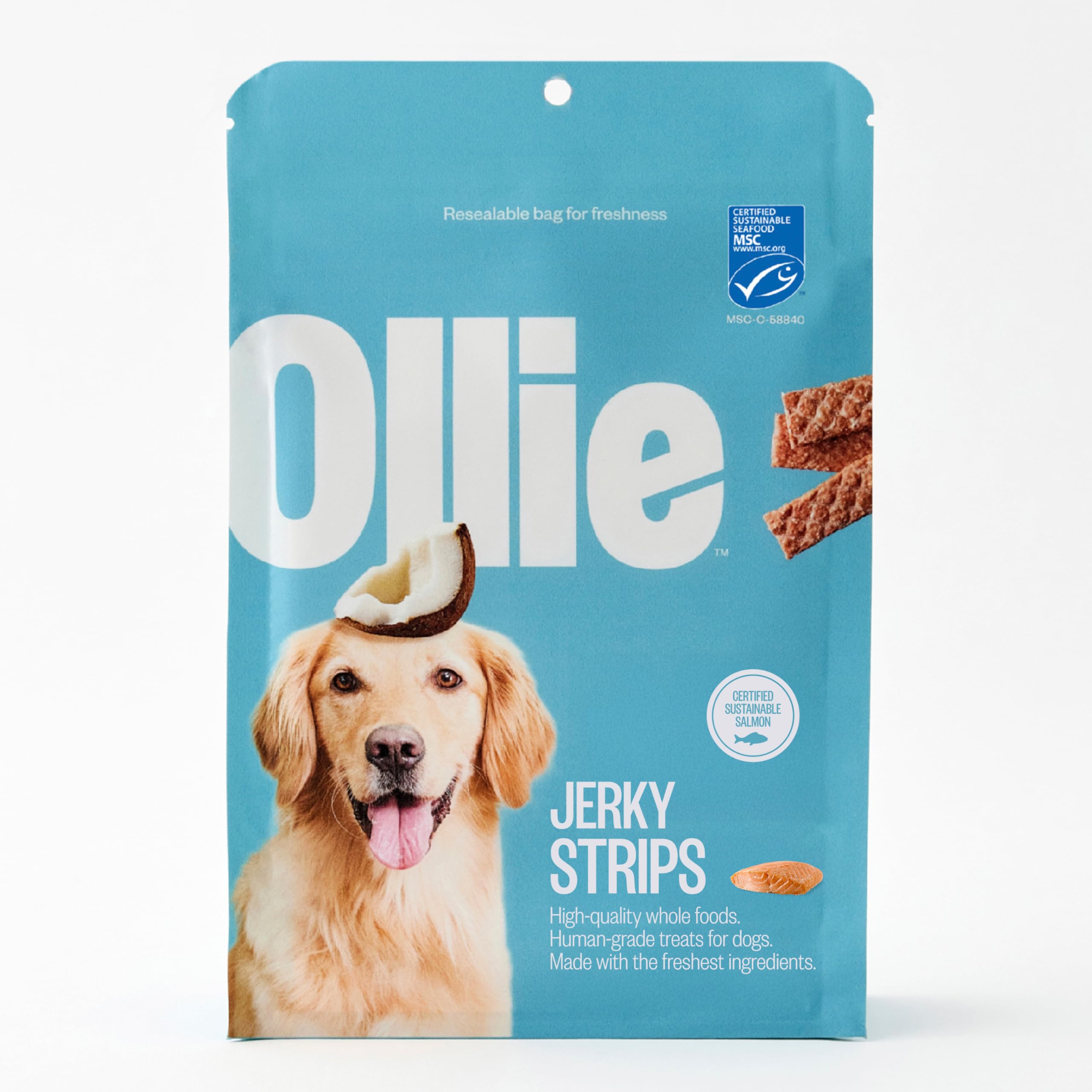 Ollie salmón y coco jerky en envase cerrado, snack natural para perros