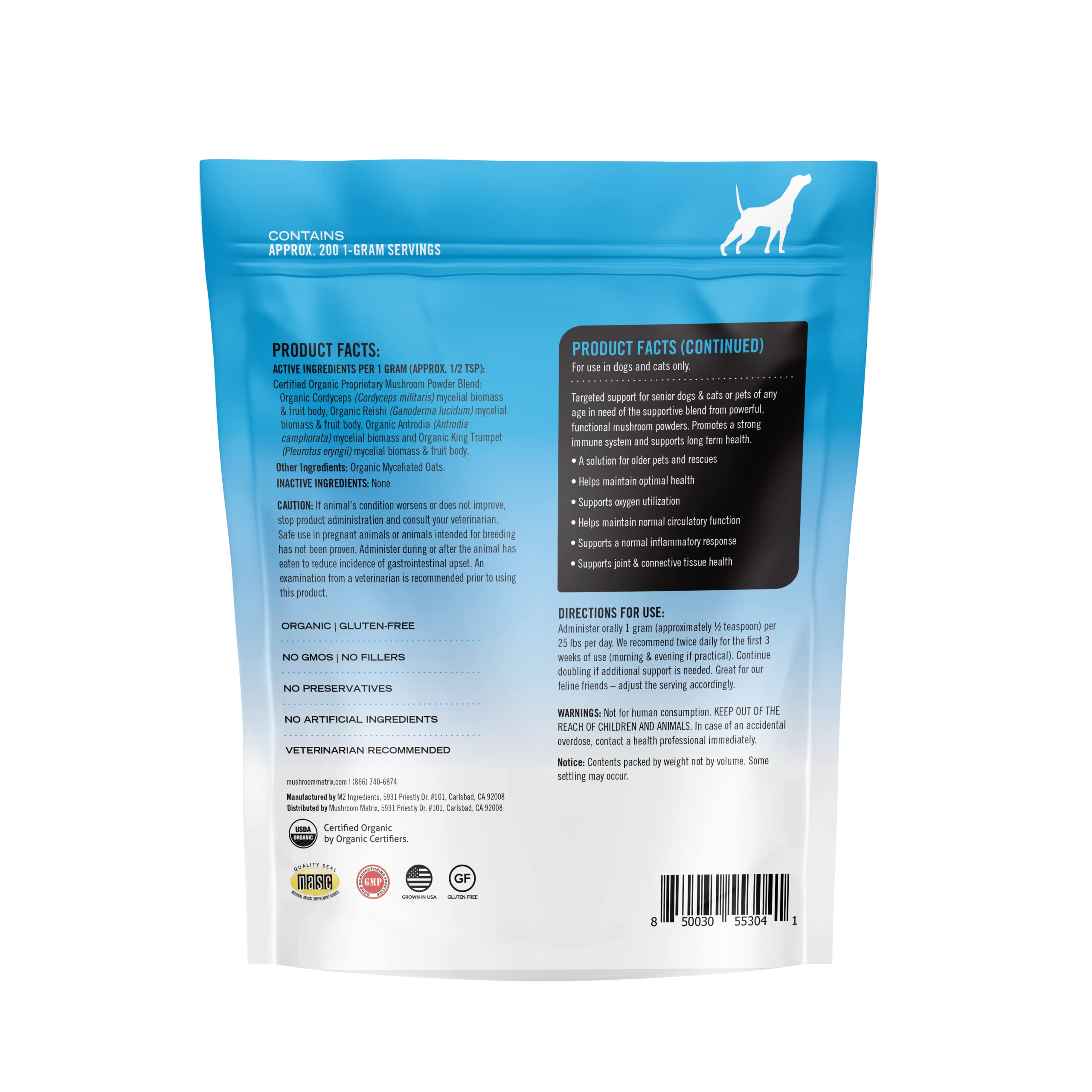 Om Mushroom Matrix Dosis diaria de 1 g por 25 lb para mascotas.