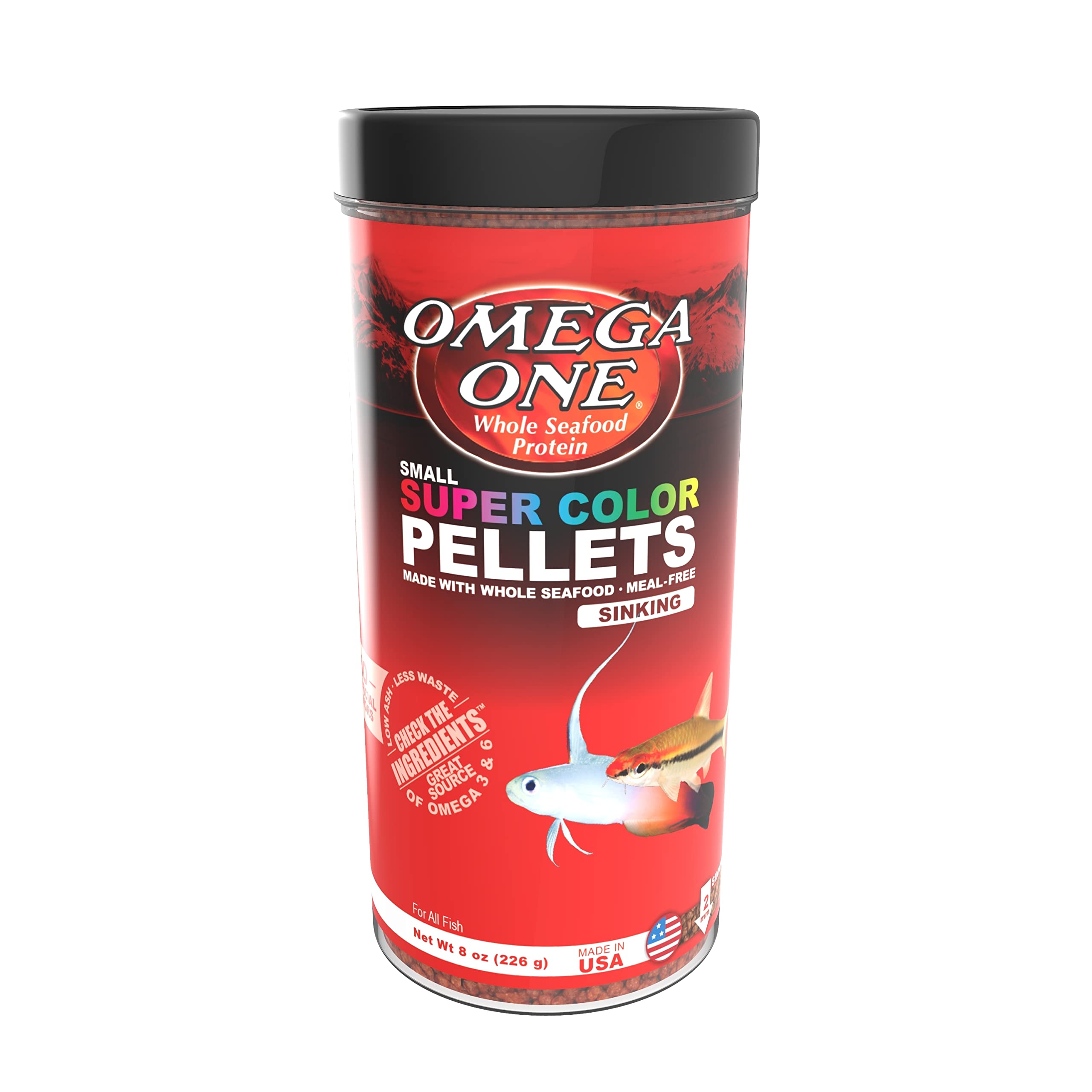 Omega One Color Súper en bote, alimento premium para coloración de escamas.