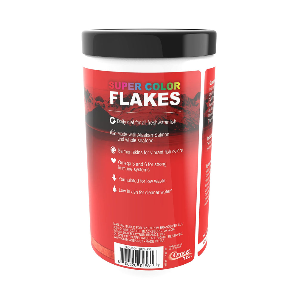 Omega One Super Color Flakes, porción diaria para alimentar peces.