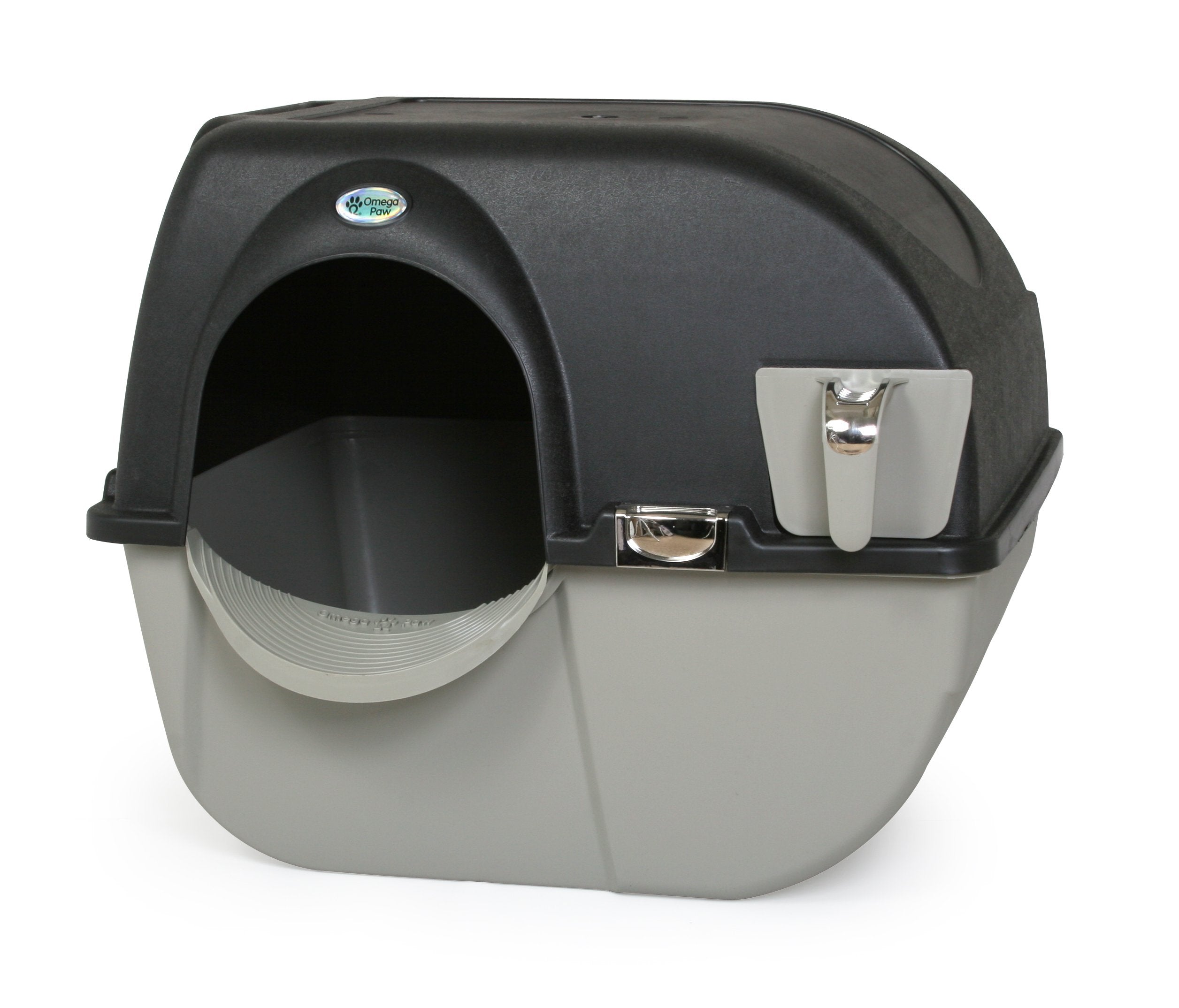 Omega Paw Elite: vista superior de la caja de arena auto limpiable con tapa elegante.