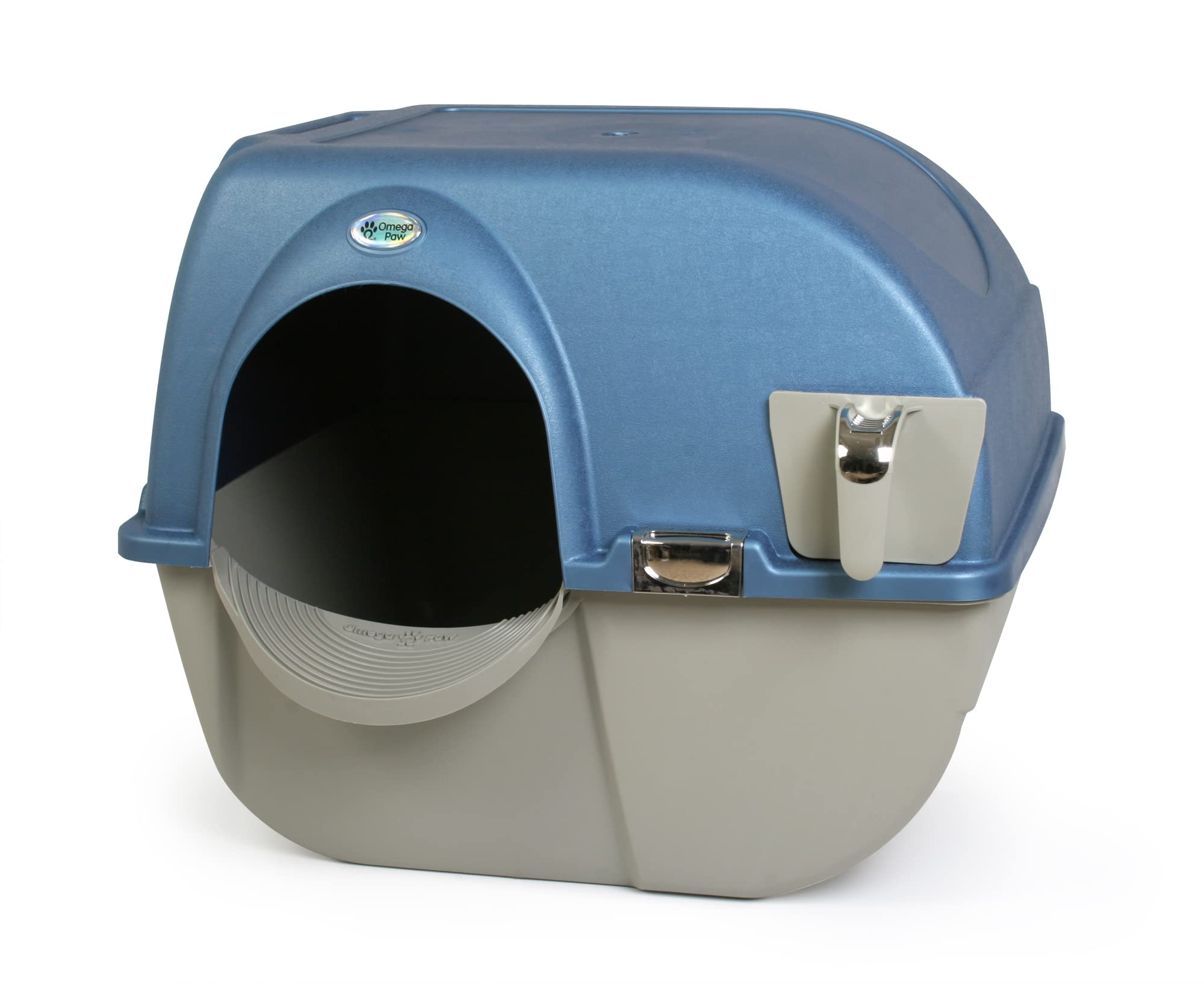 Omega Paw Rodar y Limpiar: azul perla, vista frontal con cajón extraíble para desechos.