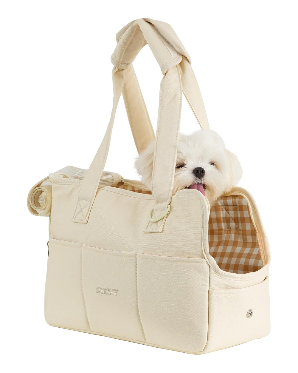 ONECUTE bolsa transporte perro pequeño beige con malla transpirable ideal para viajes cortos