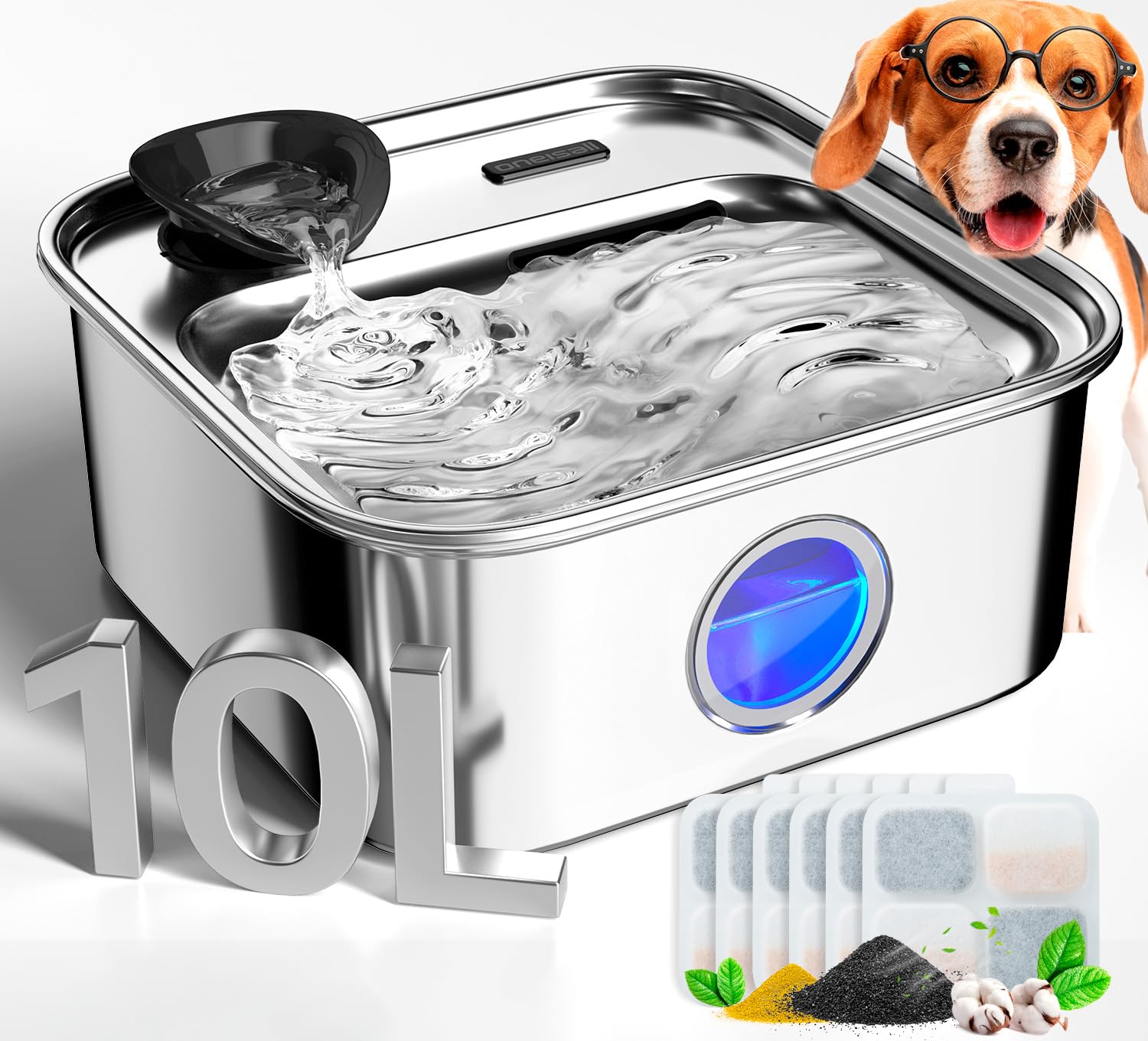 Oneisall fuente-agua-perro-capacidad-2-6gal: fuente para perros con gran capacidad para menos recargas.