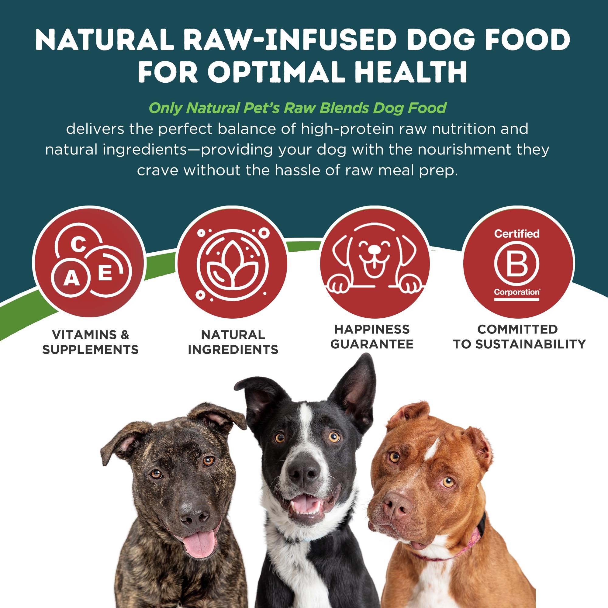 Only Natural Pet Raw Blends Infused Grain Free, envase de 18 libras para consumo prolongado.