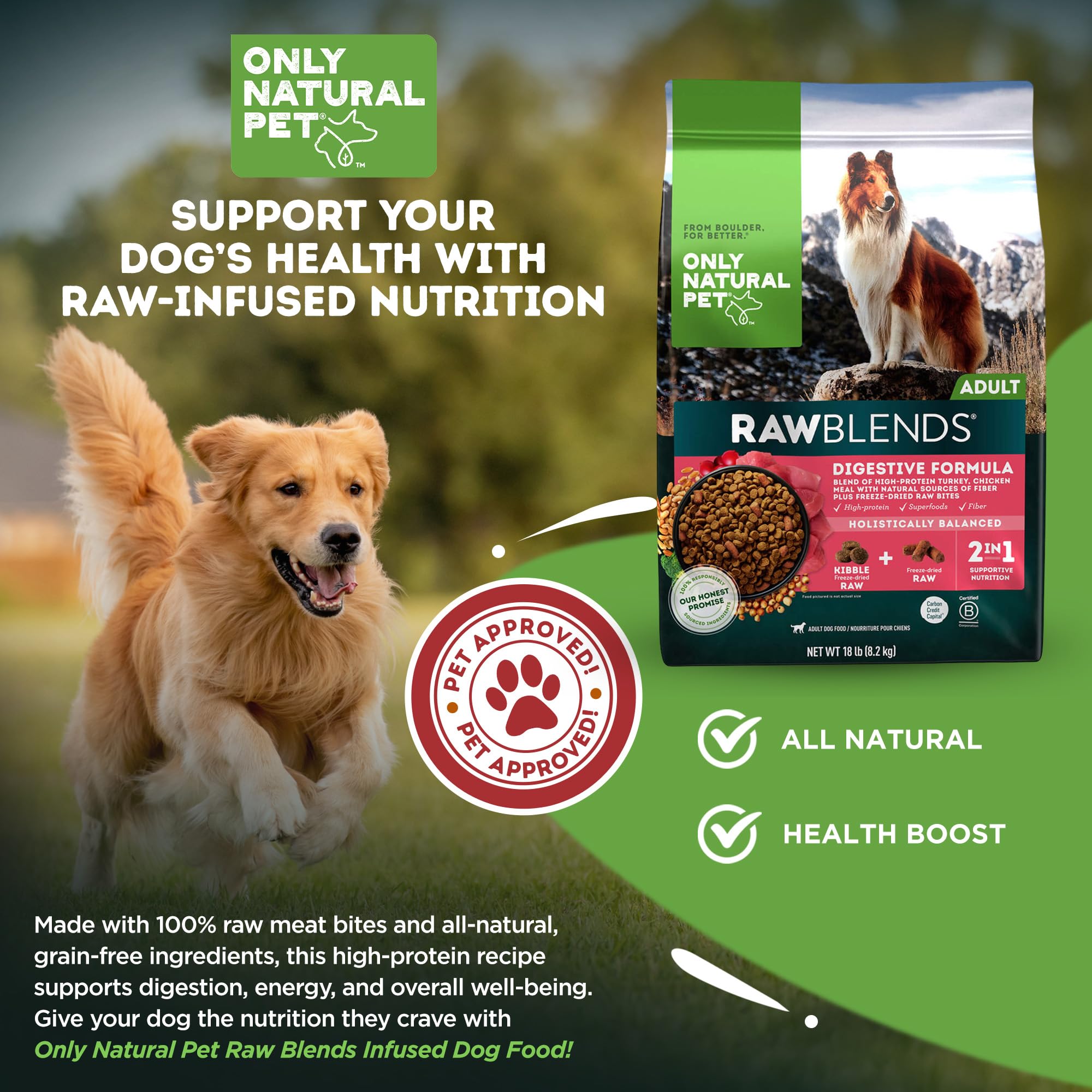 Only Natural Pet Raw Blends Infused Grain Free, porción lista para servir para la alimentación diaria.