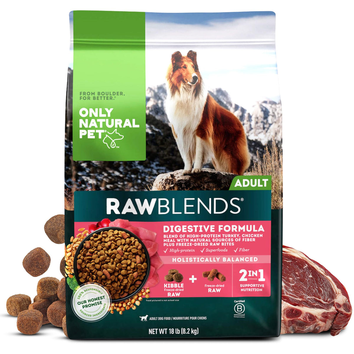 Only Natural Pet Raw Blends Infused Grain Free frente del envase, sabor natural para perros.