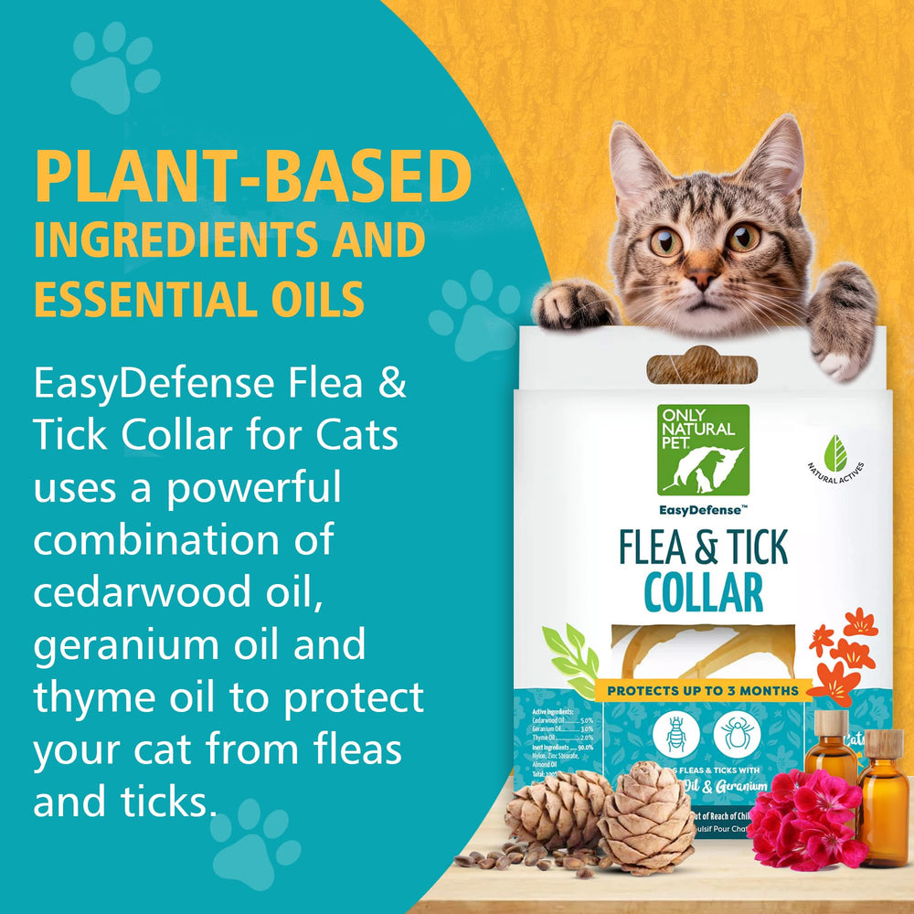 Collar Only Natural Pet EasyDefense para gatos enfocado en garrapatas, uso seguro.