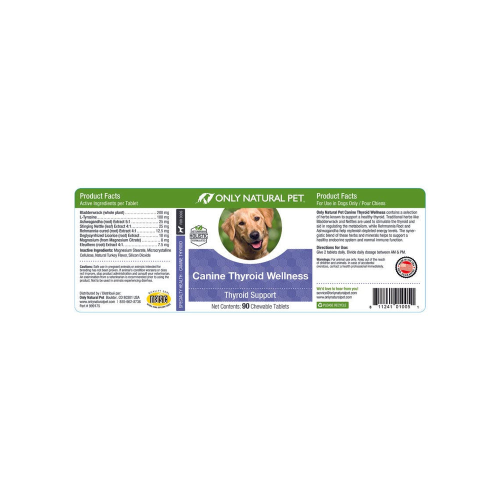 Only Natural Pet envase frontal con información sobre bienestar tiroideo para perros