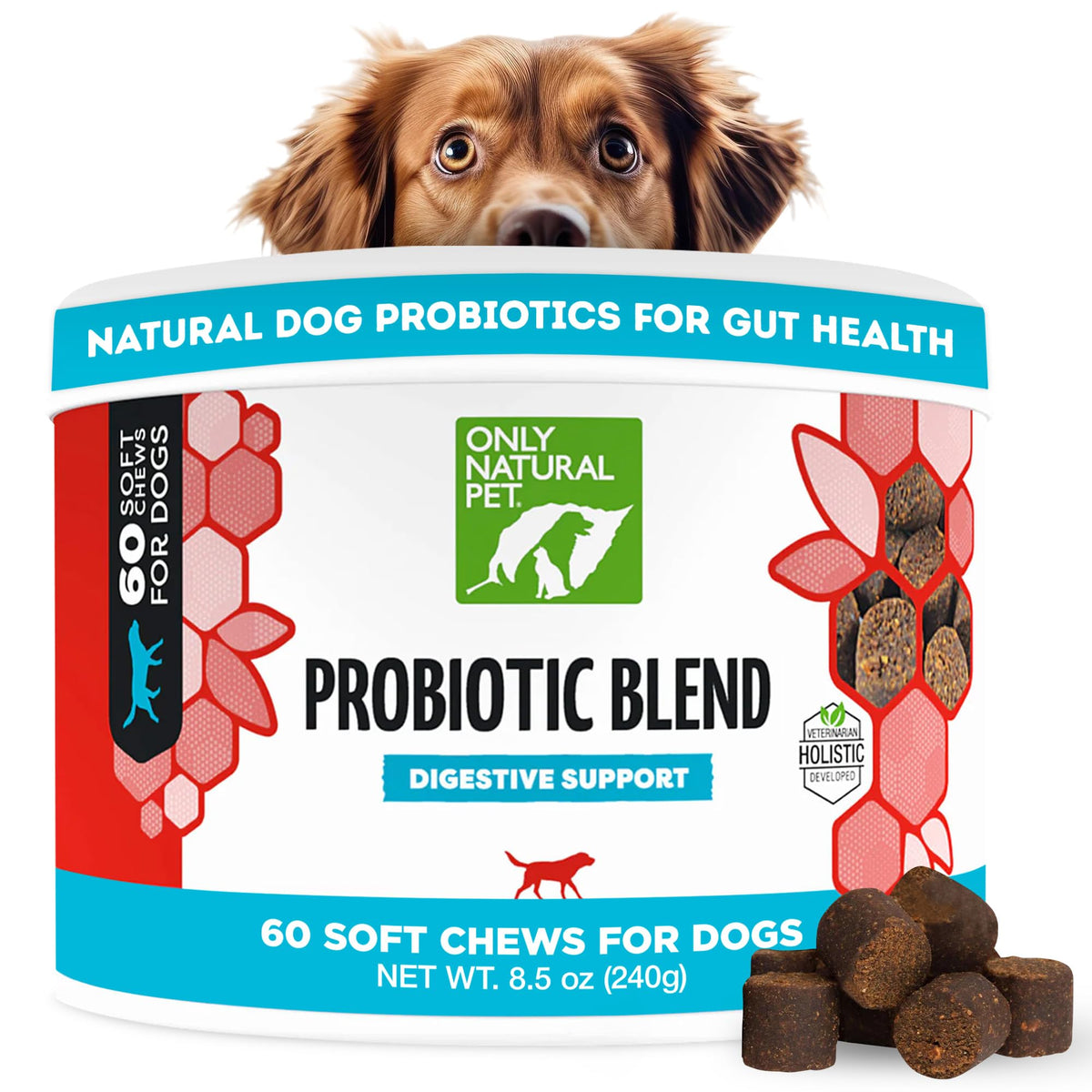 Only Natural Pet probiótico para perros y gatos, gomitas sabor bacon para digestión suave.