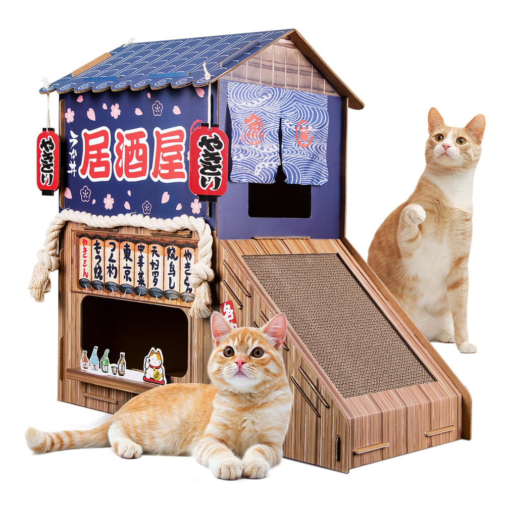 opbodqo casa de gato cartón dos niveles con juguetes para estimular juego