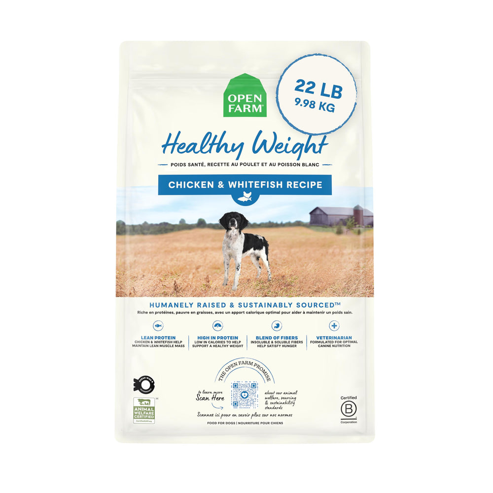 Open Farm bolsa de 22 libras muestra peso saludable para perros