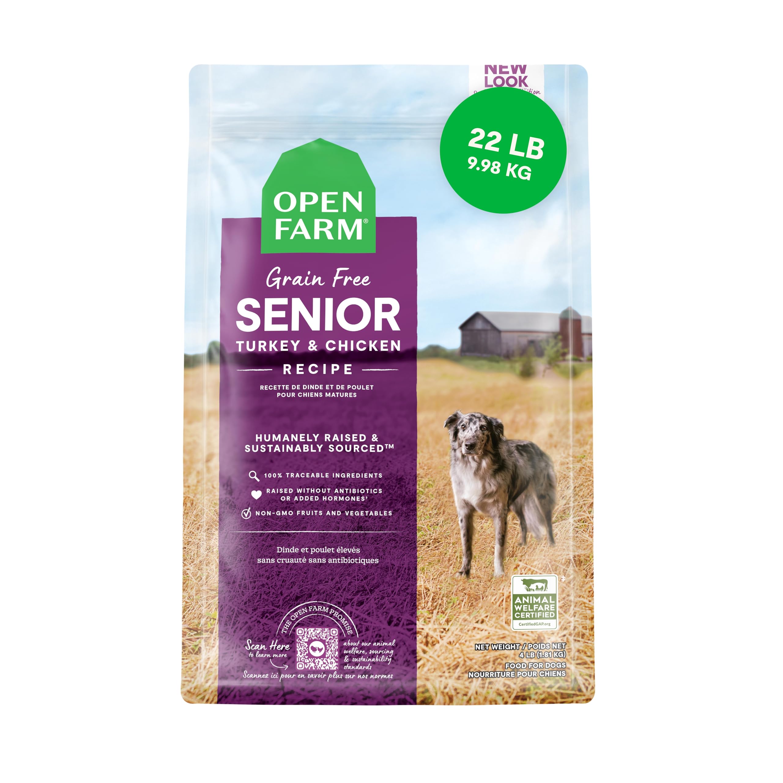 Open Farm alimento para perro senior sin granos, bolsa de 22lb, posible apoyo a movilidad.
