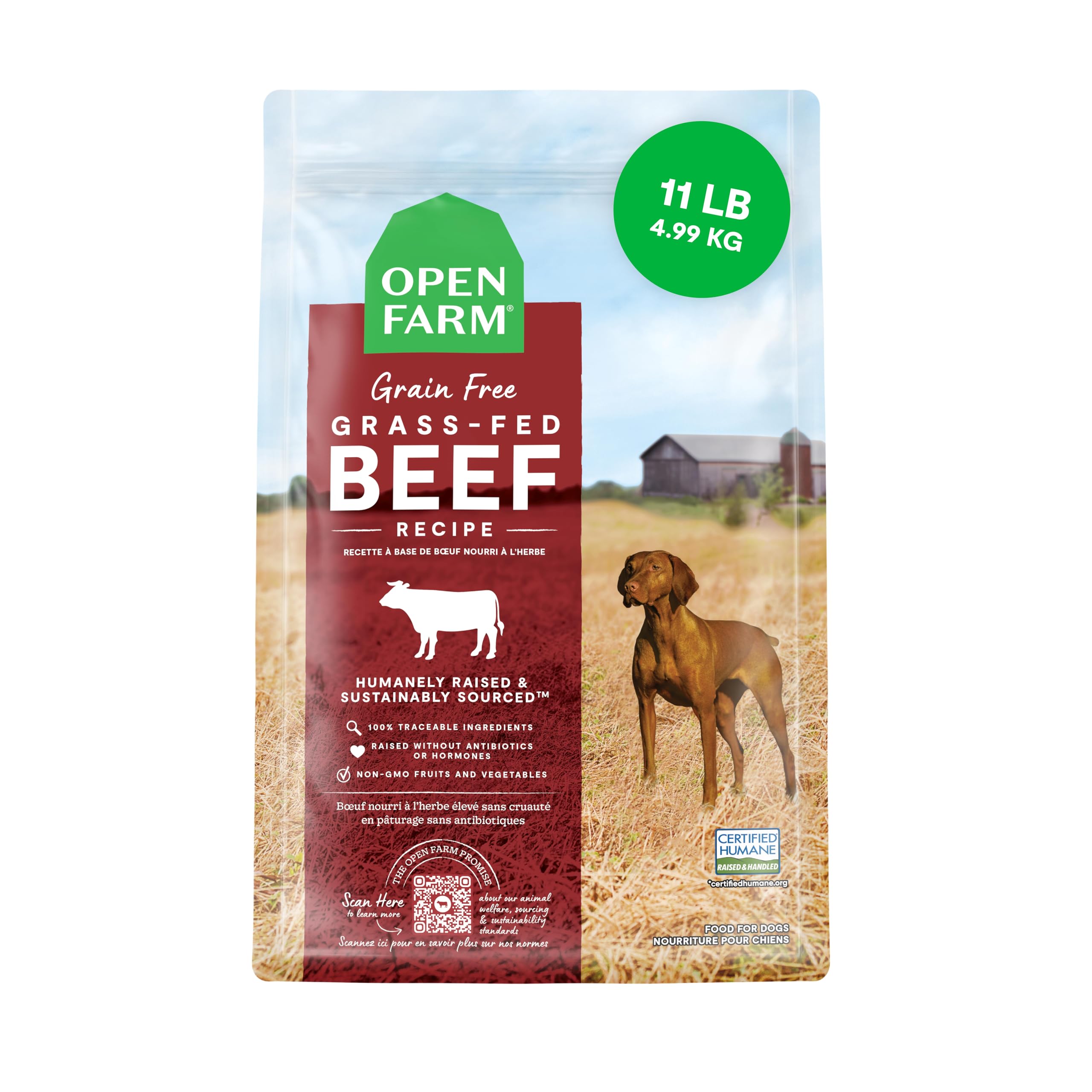 Open Farm alimento para perros sin granos en bolsa de 11 lb para uso diario.