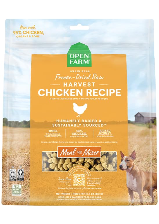 Open Farm bocaditos deshidratados para perro, crujientes y sabrosos para cada comida.
