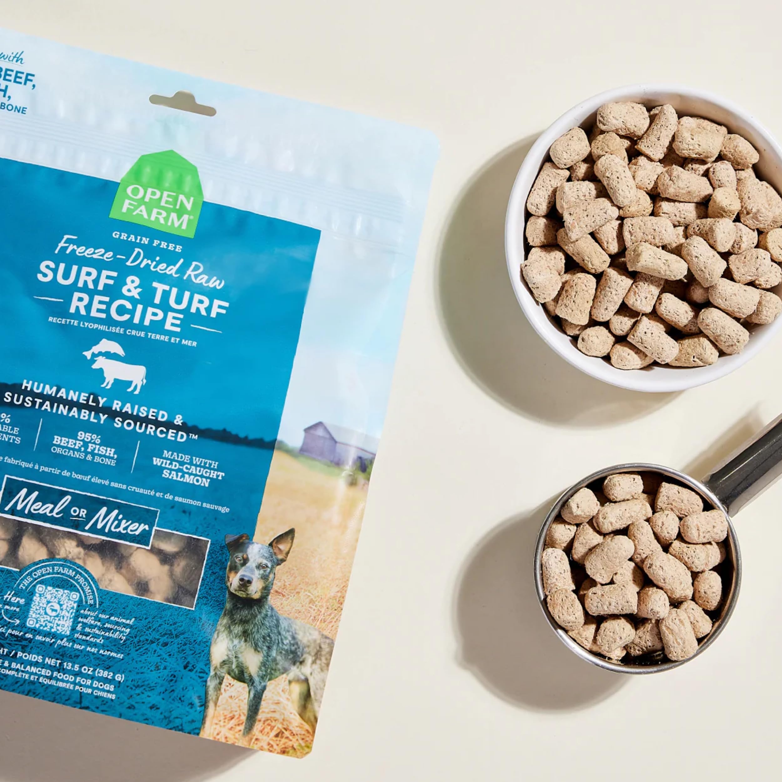 Open Farm bolsa de 13,5 onzas, presentación práctica para la alimentación regular.