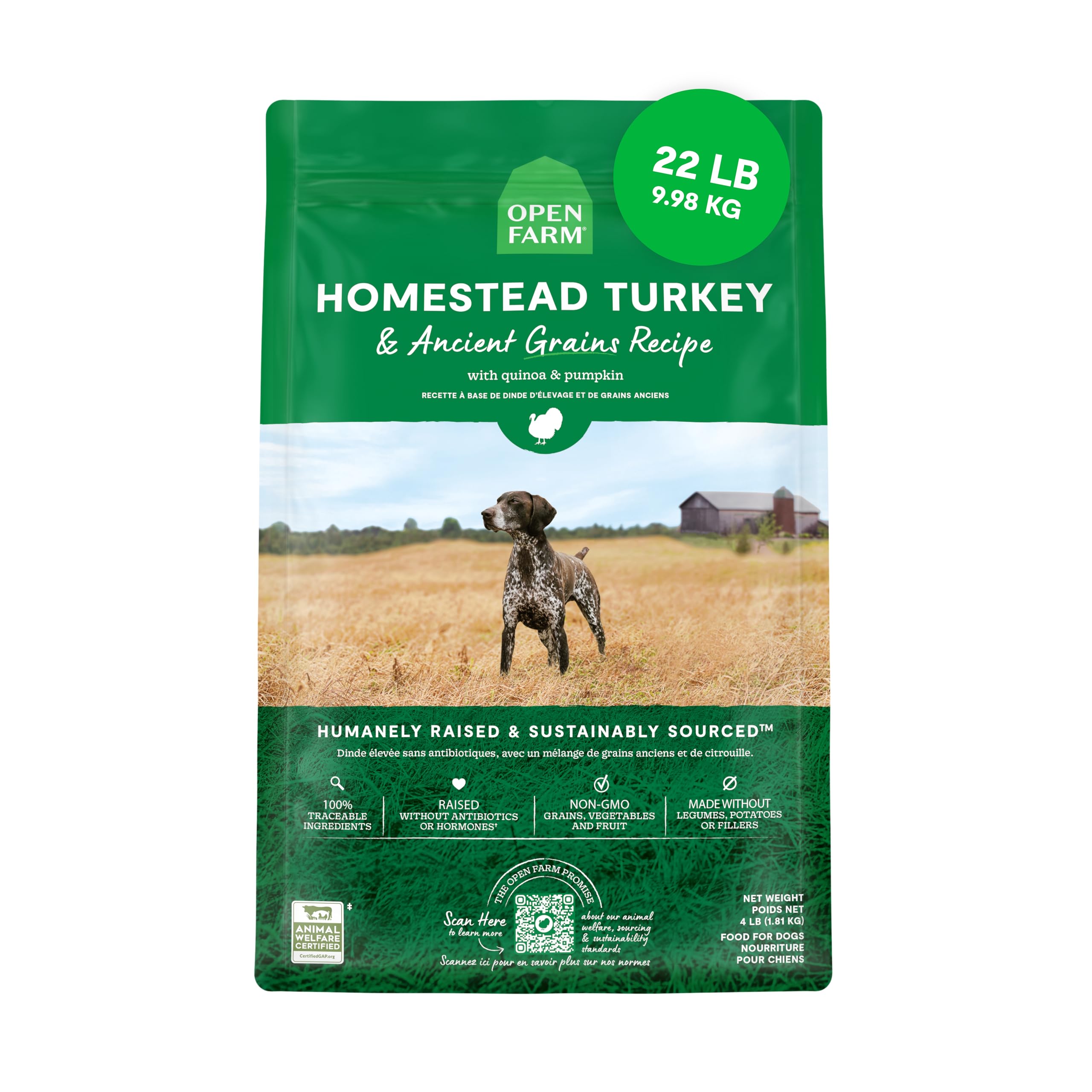 Open Farm bolsa 22 lb, alimento seco con granos antiguos para perros activos.