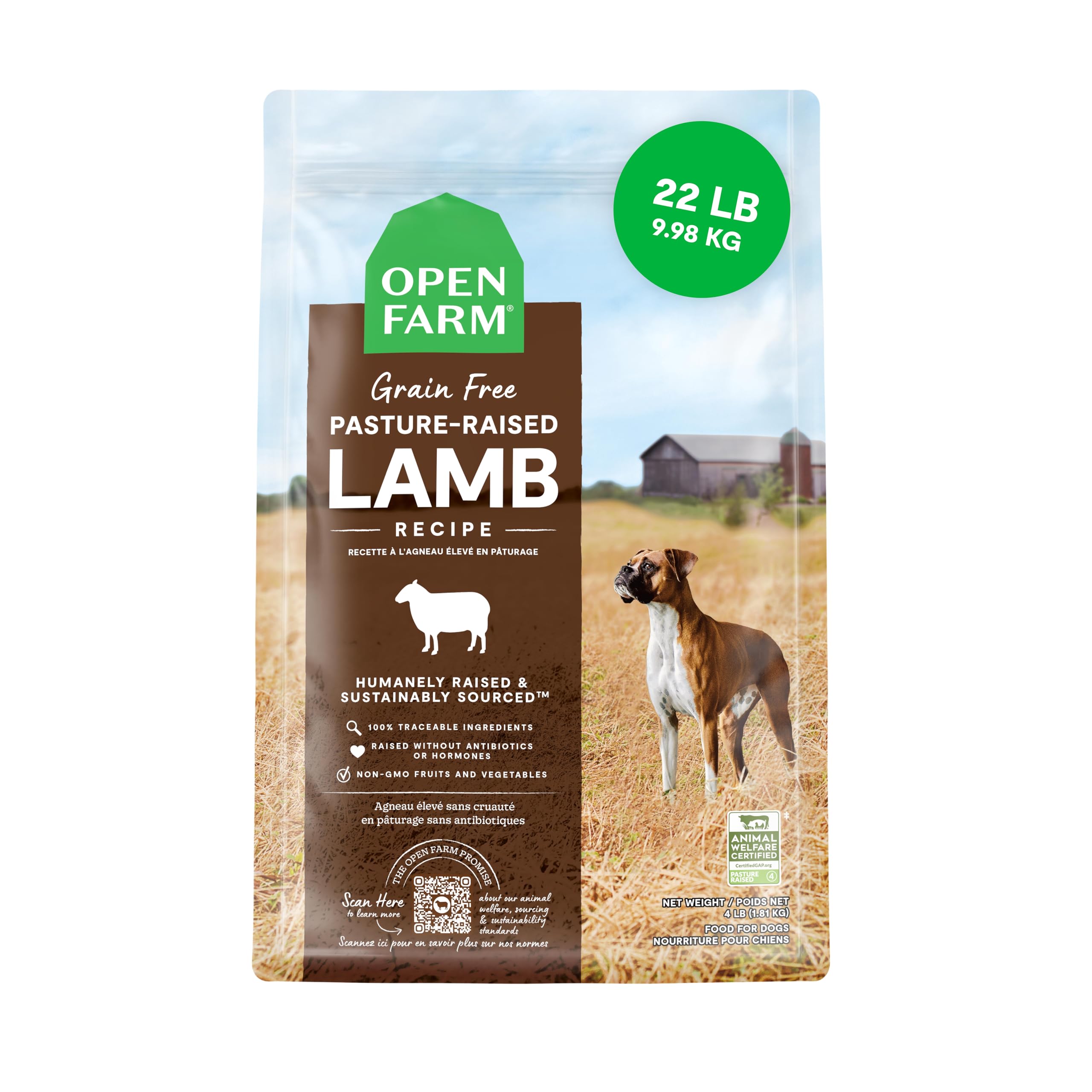 Open Farm bolsa de comida seca sin granos de cordero para perros activos.