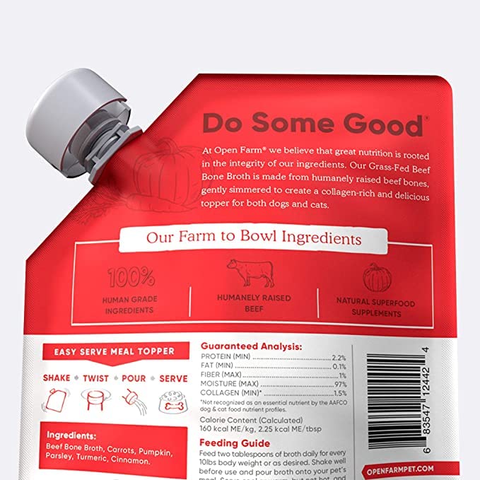 Open Farm Caldo de Huesos, transparencia de origen de cada ingrediente.