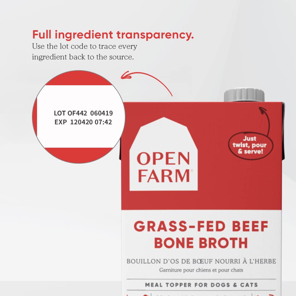Open Farm Caldo Huesos Gatos: envase detallado, sello de calidad y origen de la ternera