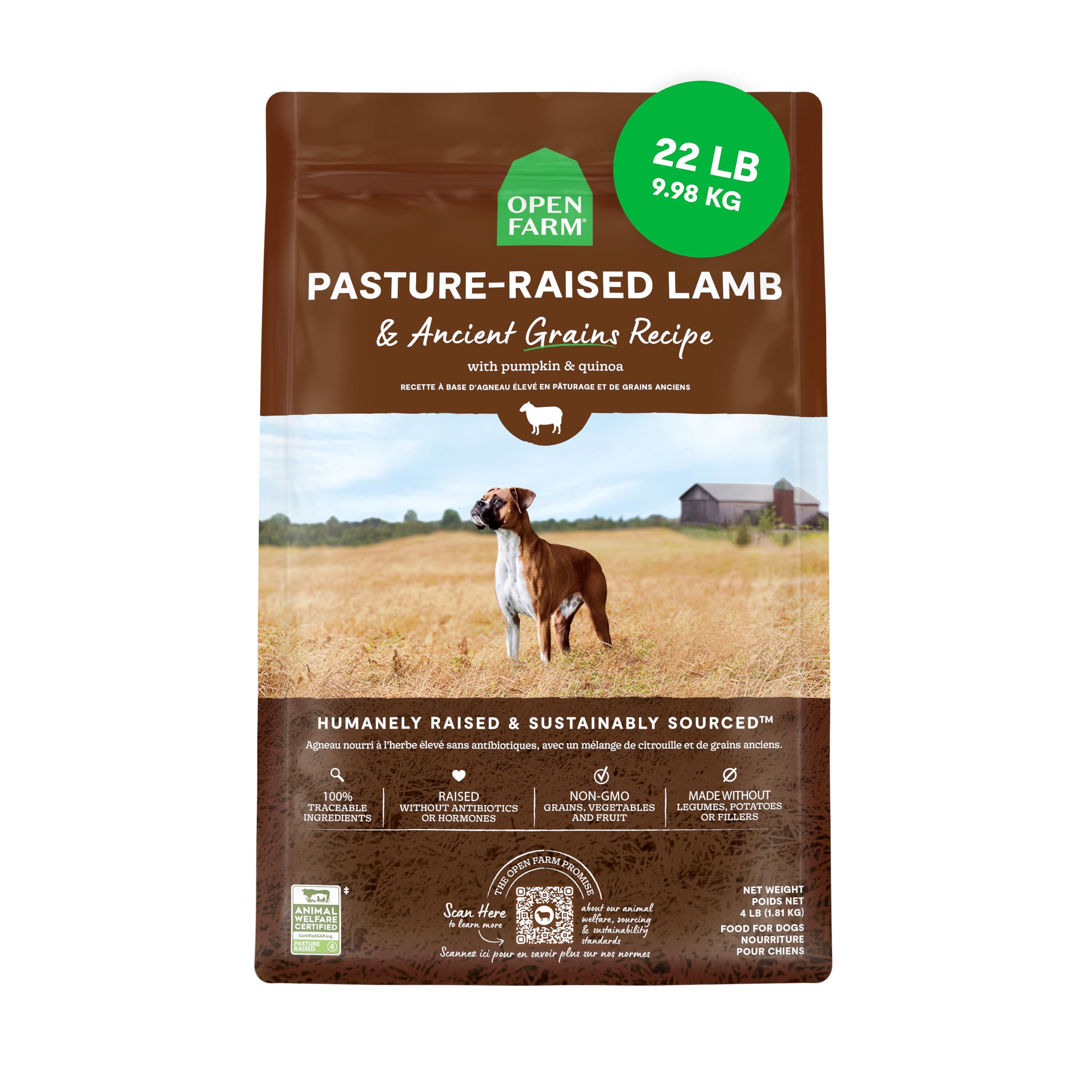Open Farm cordero con granos antiguos, bolsa de 22 lb, proteína visible para perros activos.