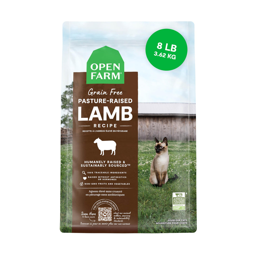 Open Farm croquetas para gato cordero, nutrición completa para felinos activos.