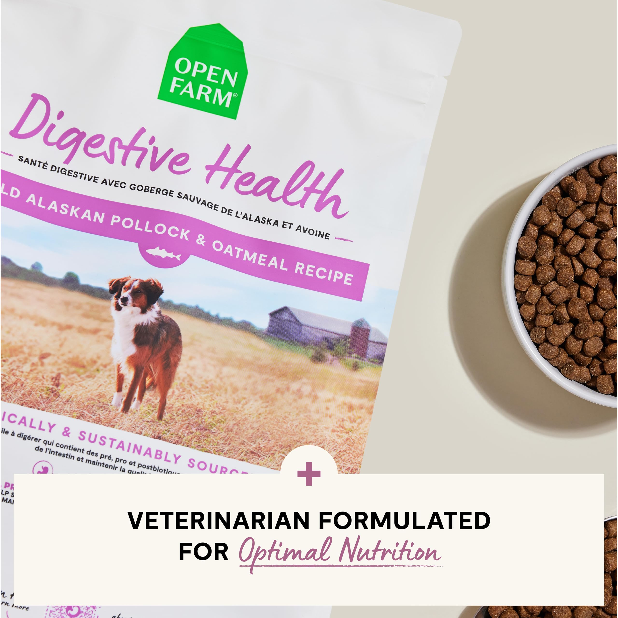 Open Farm Digestive Health: empaque hecho en EE. UU. e ingredientes trazables.