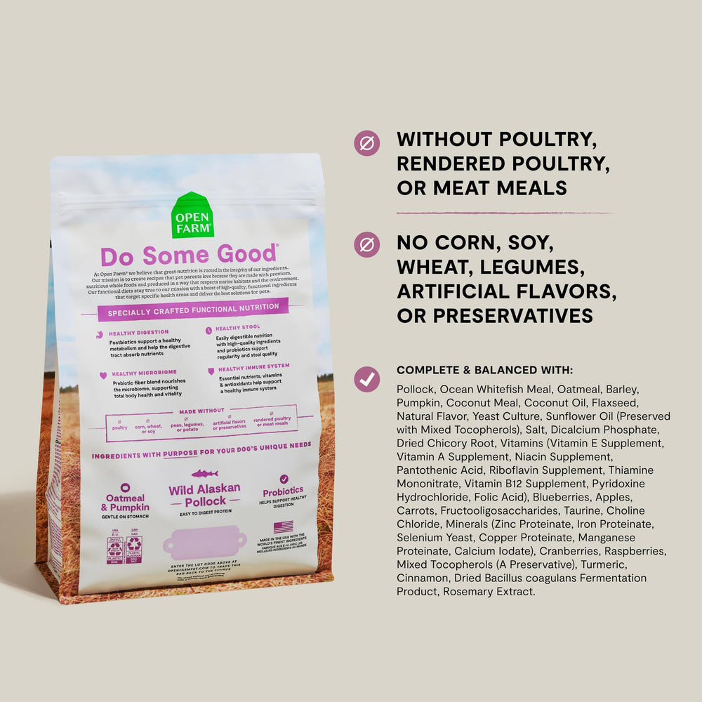 Open Farm Digestive Health: pienso seco en primer plano, suave para estómago sensible.