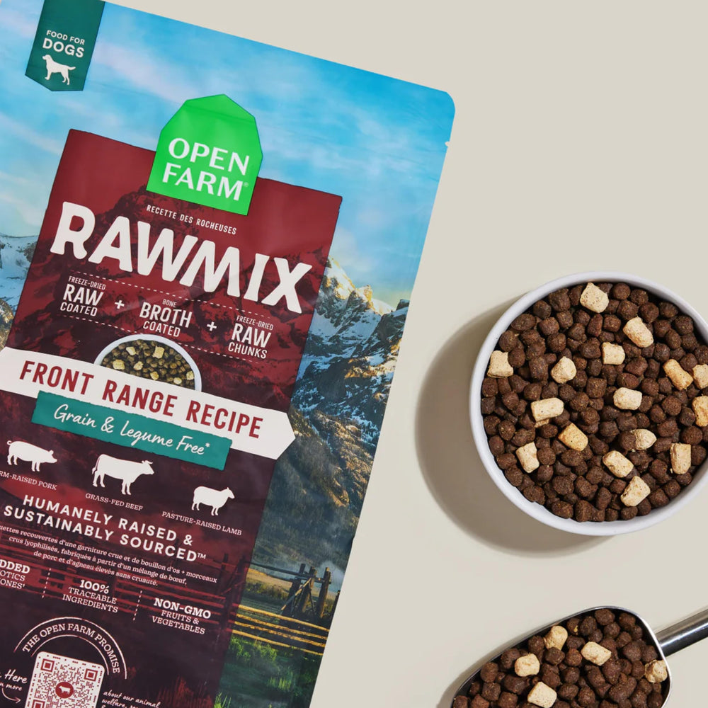 Open Farm Front Range etiqueta clara, receta enfocada en proteína para perros activos.