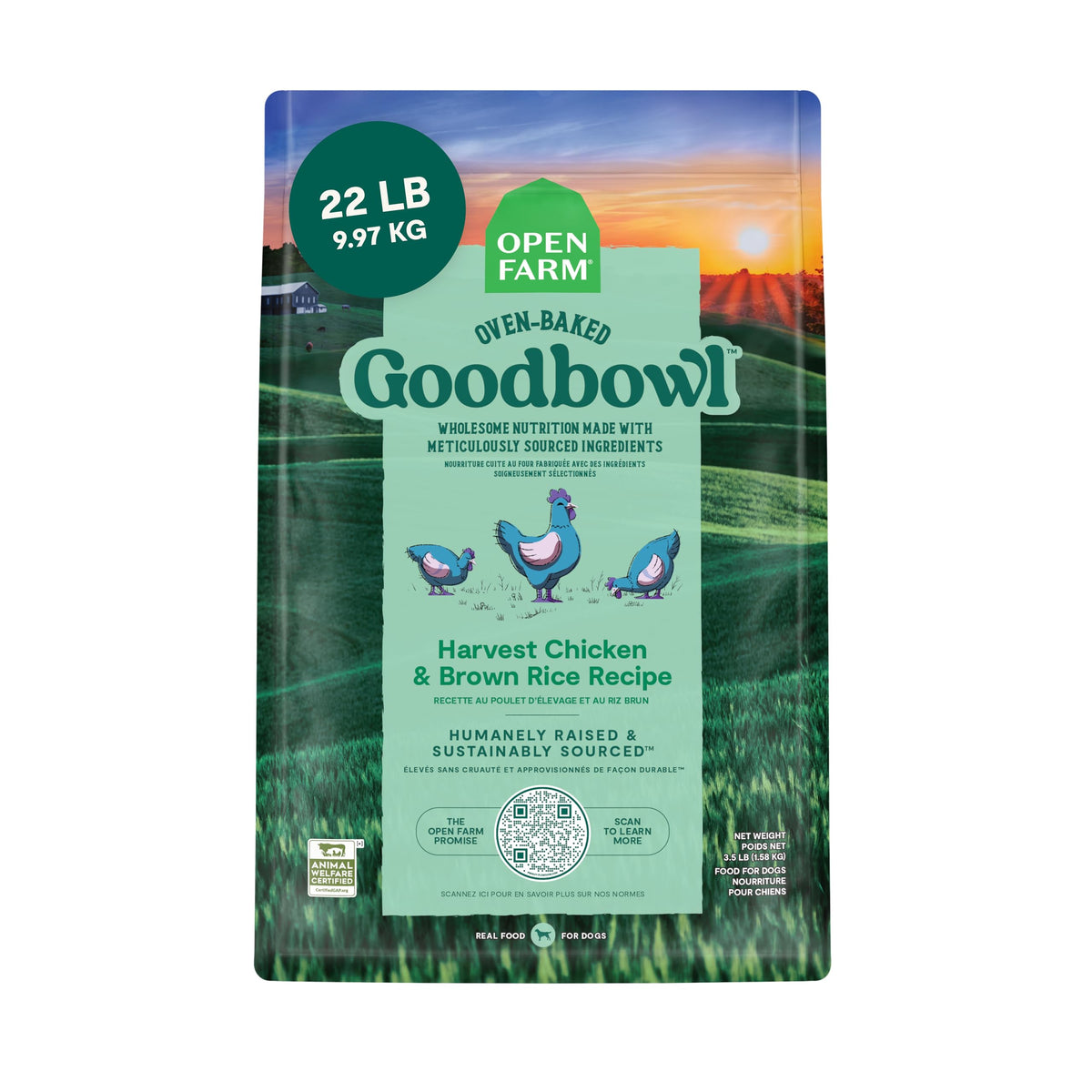 Open Farm Goodbowl alimento para perros con pollo y arroz, horneado en lotes pequeños.