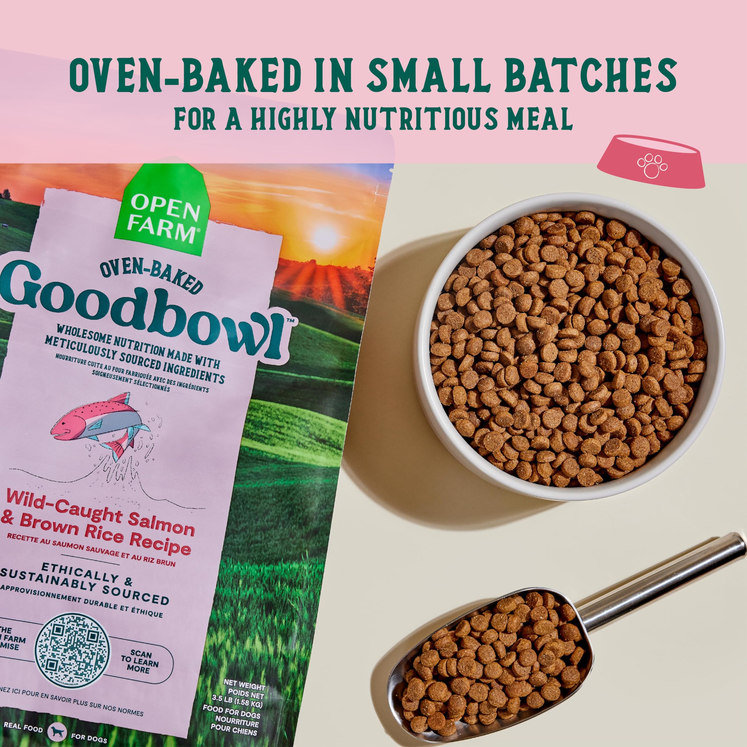 Open Farm Goodbowl horneado en lotes pequeños, sabor consistente para cada comida.