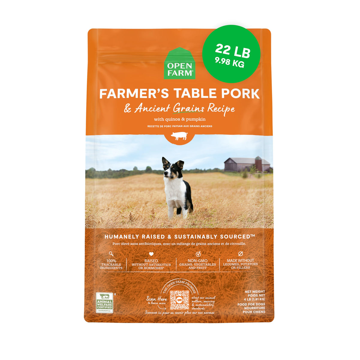 Open Farm granos antiguos, alimento seco para perros, mejora digestión y nutrición equilibrada.