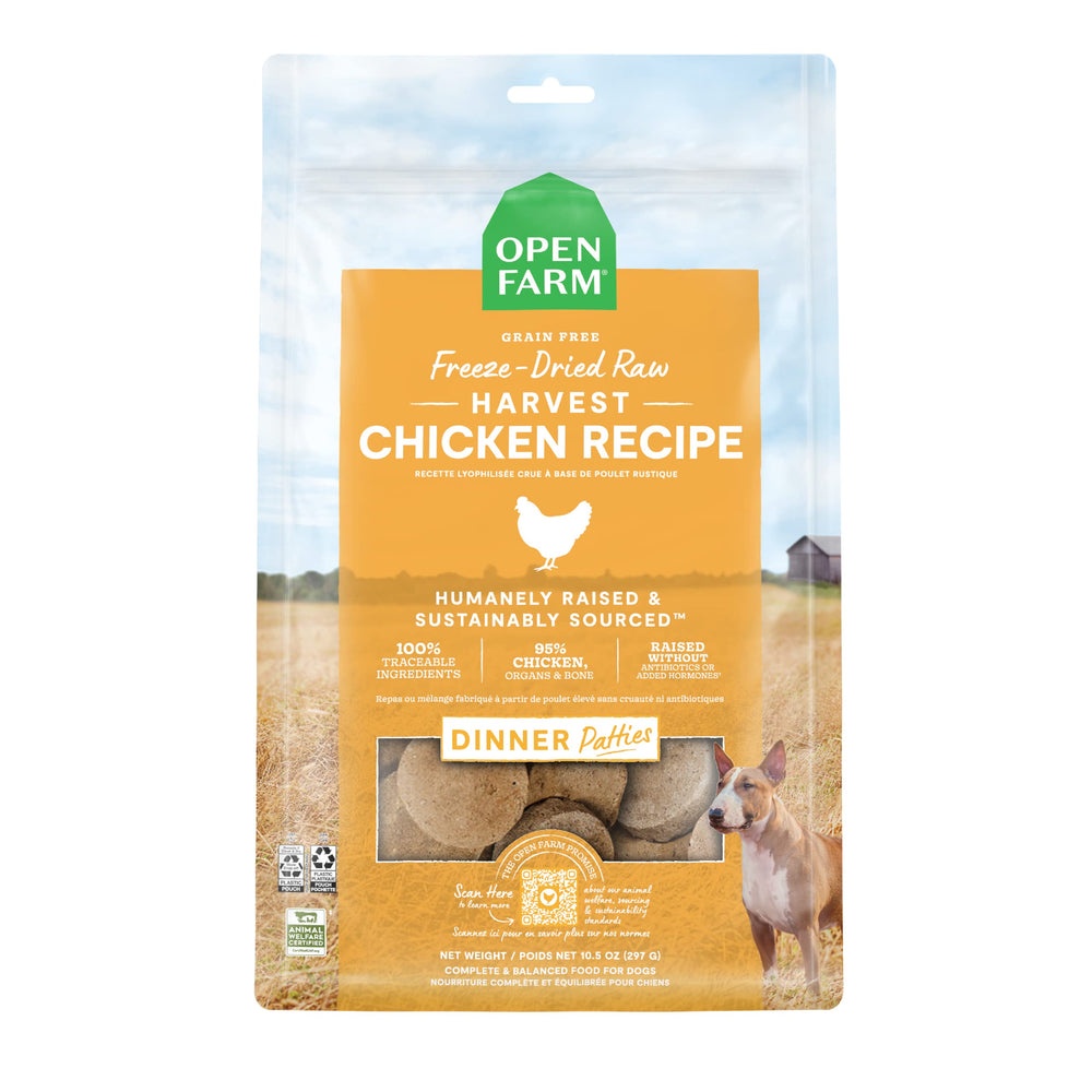Open Farm hamburguesa congelada 95% carne, órganos y hueso para dieta completa