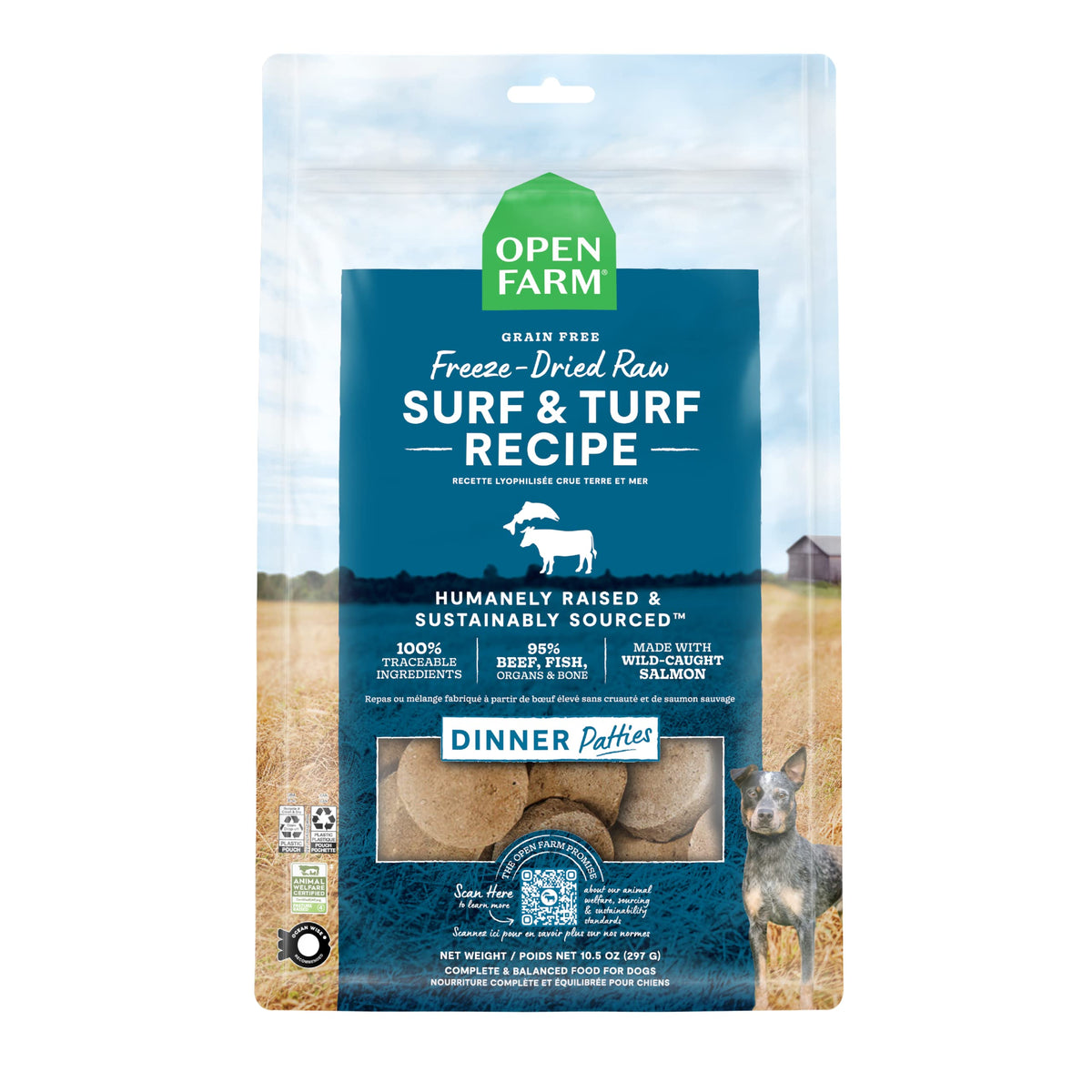 Open Farm hamburguesa cruda liofilizada Surf y Turf, alta proteina.