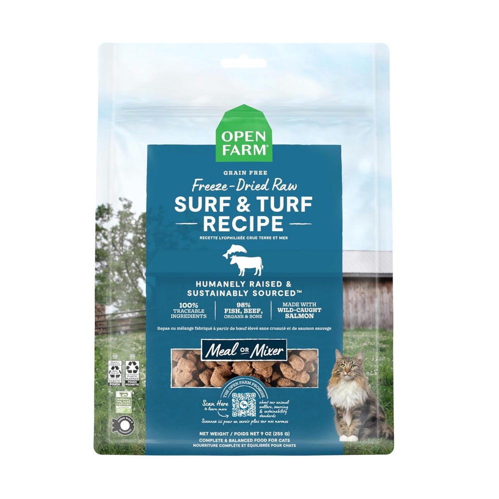 Open Farm Mar y Tierra, bolsa de 9 oz, alimento crudo liofilizado para gato.