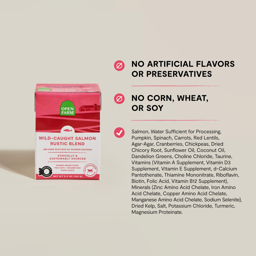 Open Farm Mezcla Rústica, salmón salvaje capturado, proteína de calidad para tu gato.