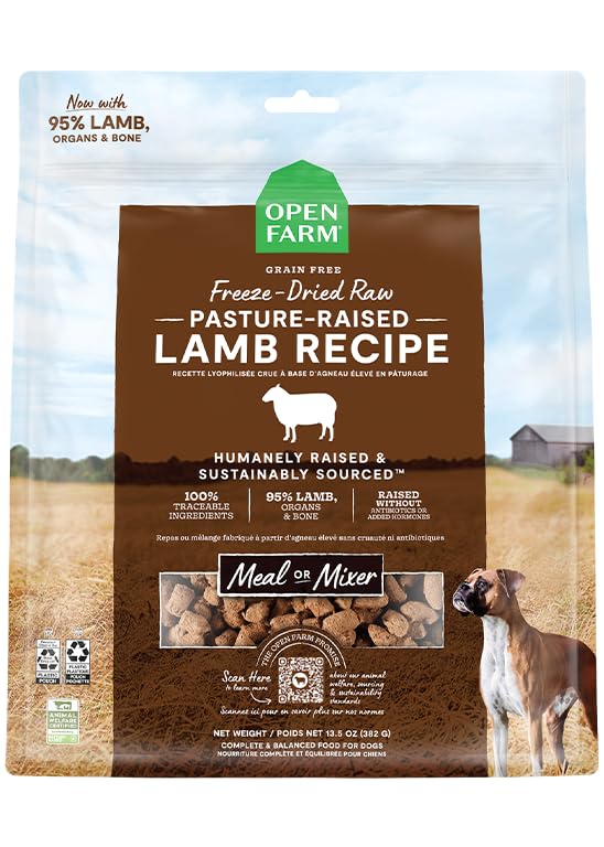 Open Farm mordiscos cordero liofilizado, sabor intenso y fácil de servir para perros.