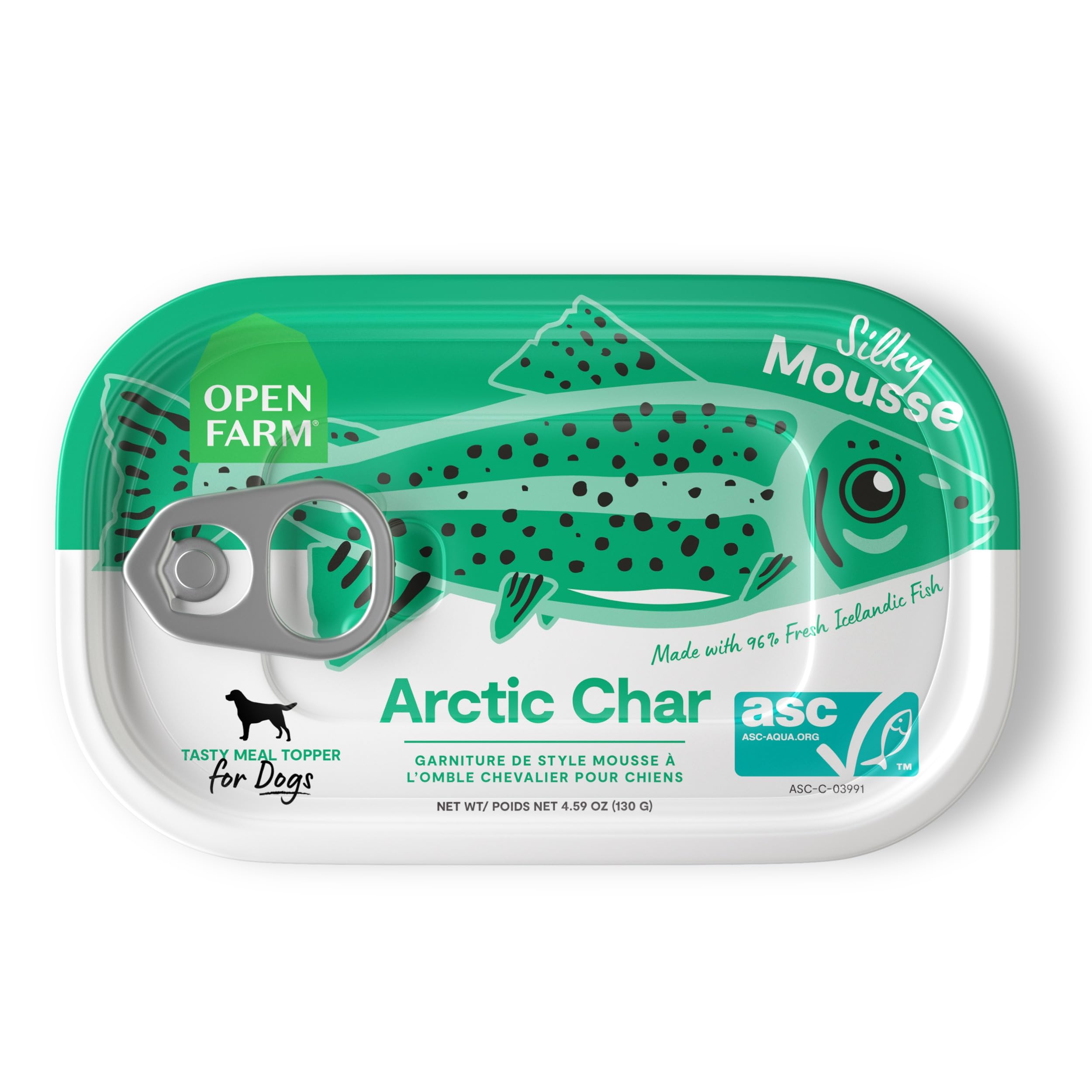 Open Farm mousse seda Char del Ártico, textura cremosa para enriquecer la comida del perro.
