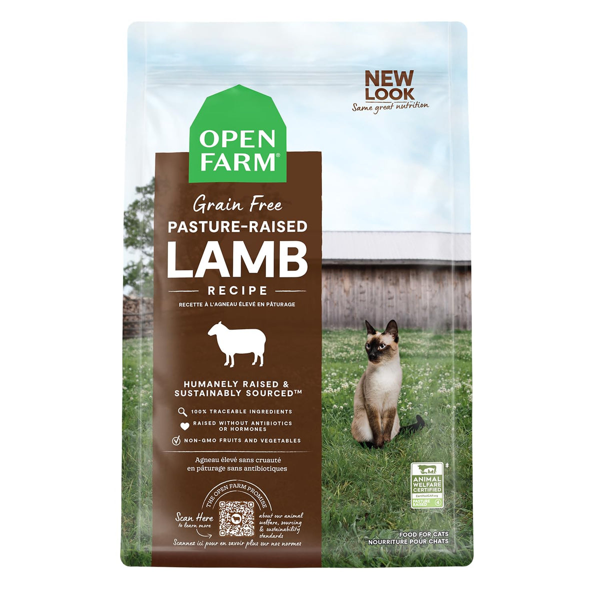 Open Farm Pasture-Raised Lamb, bolsa de croquetas, apoya dieta natural para gatos.