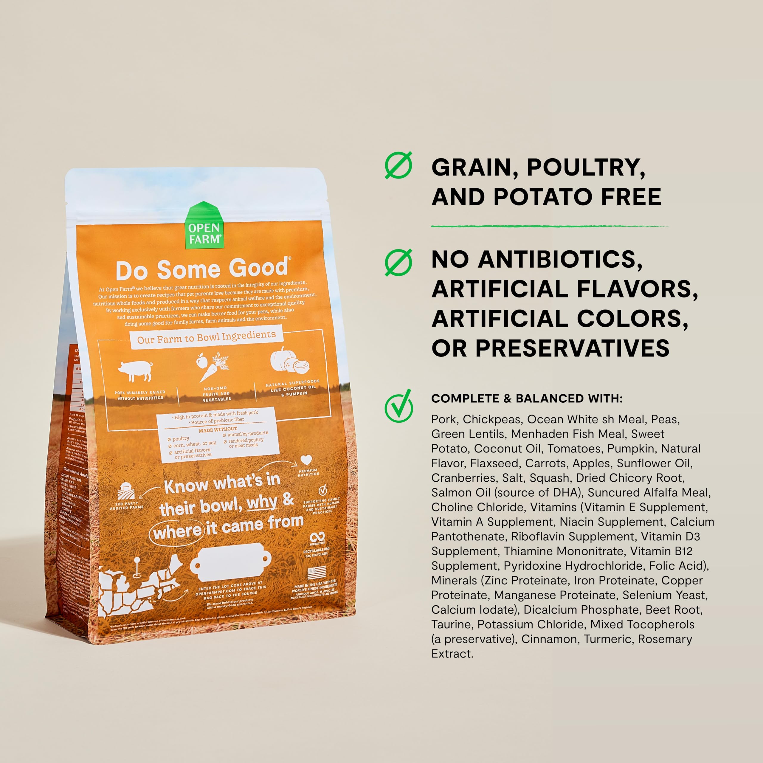 Open Farm proteína de cerdo de origen ético como ingrediente principal.