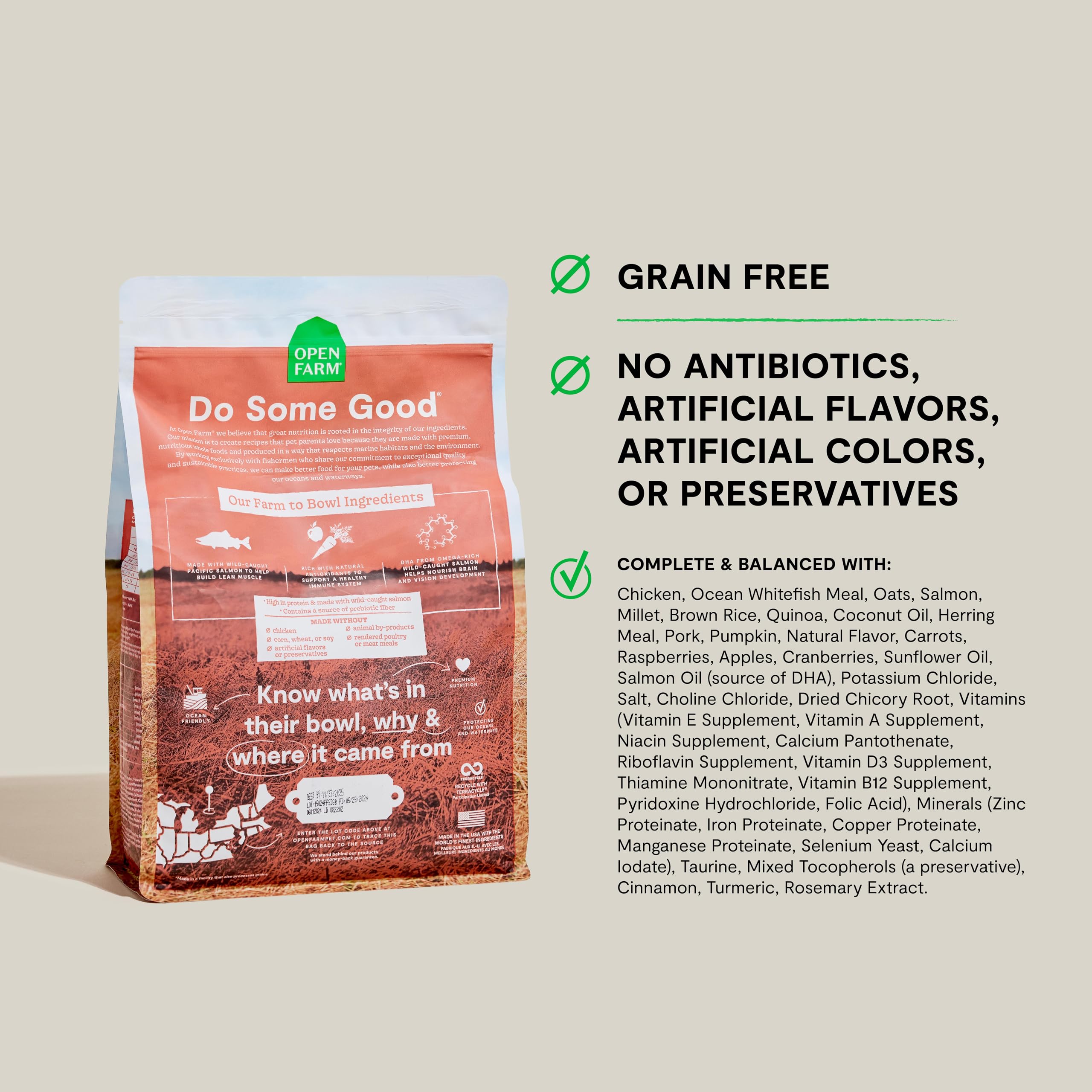 Open Farm Puppy detalle croquetas, salmón como ingrediente principal para desarrollo diario